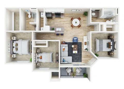 Floor plan for 3 beds, 2 baths, 1115 sqft